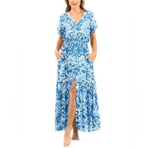 Walker & Wade Christina Aegean Ikat Blue Print Maxi Dress Women's Large